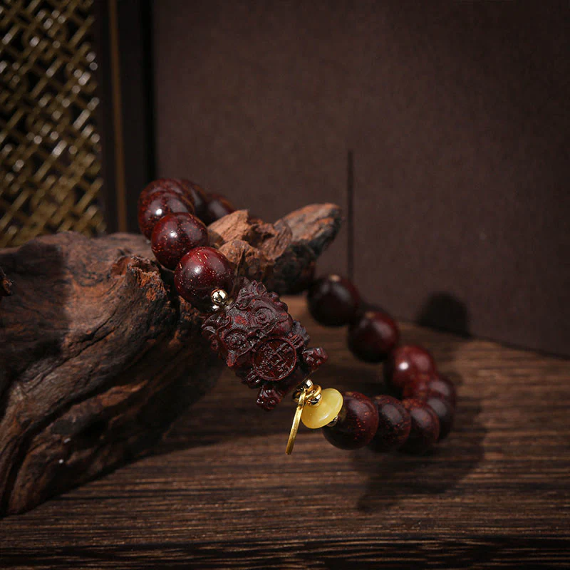 10mm Small Leaf Red Sandalwood Spiritual Bracelet with Gold Swallower Charm for Calm - Image 3
