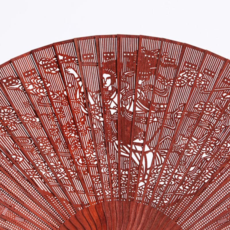 22.5cm Small Leaf Red Sandalwood Folding Fan with Crane Peacock Chang'e Moon Engraving - Image 2