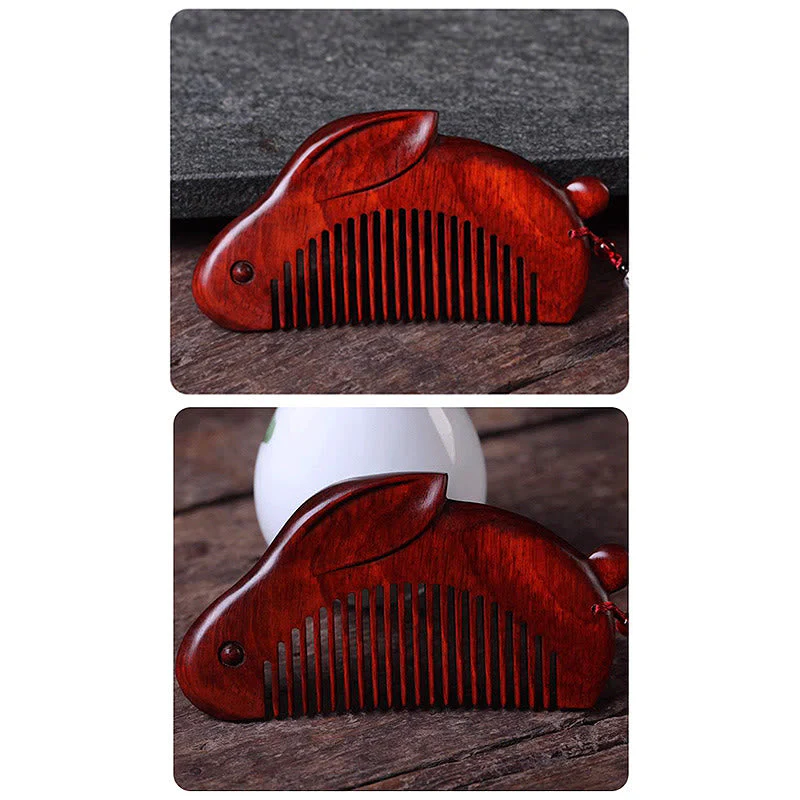 Small Leaf Red Sandalwood Sooth Comb with Cute Bunny Gift Box - Image 9