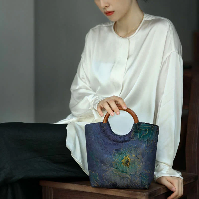 Solid Wood Handle Blue-Purple Peony Bag with Bamboo Bird Design - Image 10
