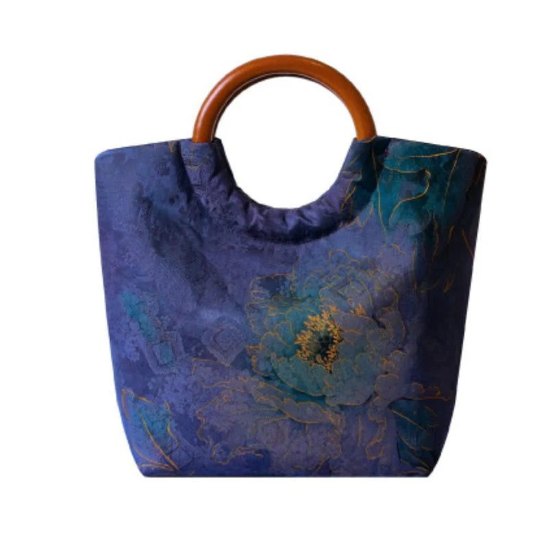 Solid Wood Handle Blue-Purple Peony Bag with Bamboo Bird Design - Image 11