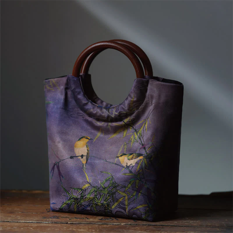 Solid Wood Handle Blue-Purple Peony Bag with Bamboo Bird Design - Image 12