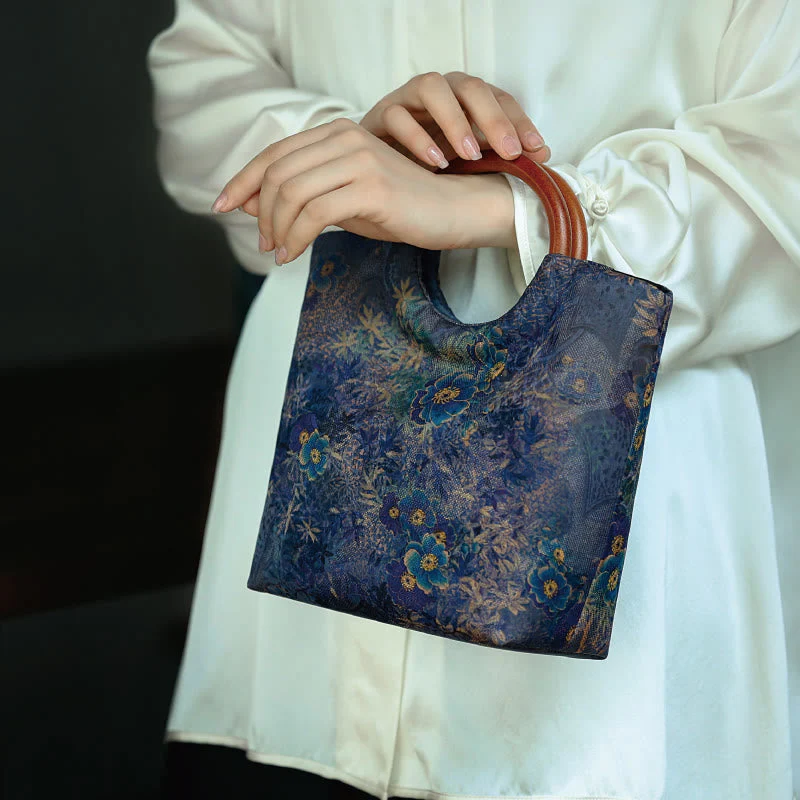 Solid Wood Handle Blue-Purple Peony Bag with Bamboo Bird Design - Image 13