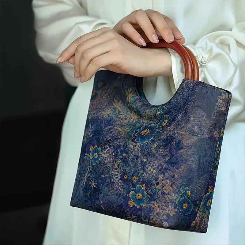 Solid Wood Handle Blue-Purple Peony Bag with Bamboo Bird Design - Image 14