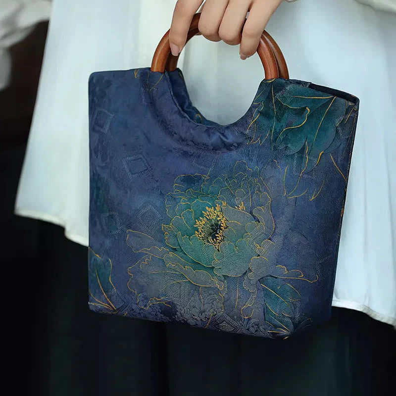 Solid Wood Handle Blue-Purple Peony Bag with Bamboo Bird Design - Image 2