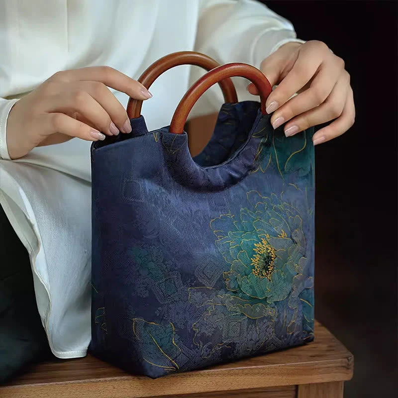 Solid Wood Handle Blue-Purple Peony Bag with Bamboo Bird Design - Image 3