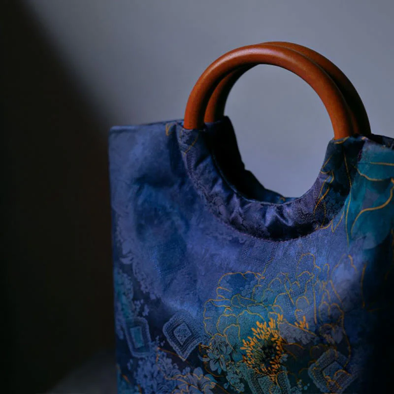 Solid Wood Handle Blue-Purple Peony Bag with Bamboo Bird Design - Image 4