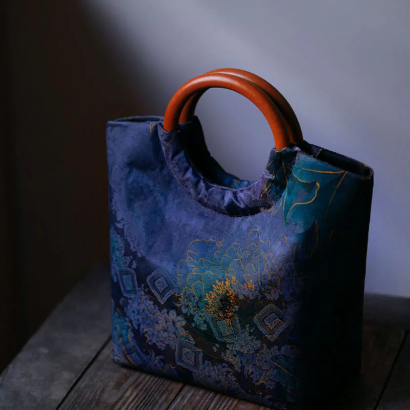 Solid Wood Handle Blue-Purple Peony Bag with Bamboo Bird Design - Image 5