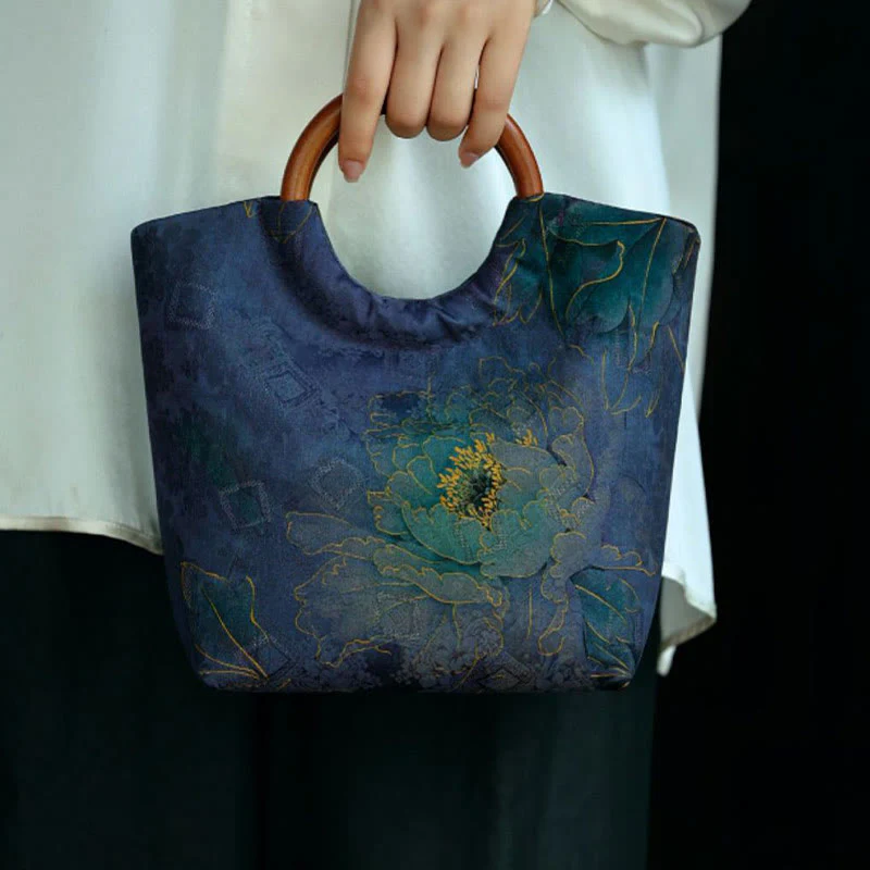 Solid Wood Handle Blue-Purple Peony Bag with Bamboo Bird Design - Image 6