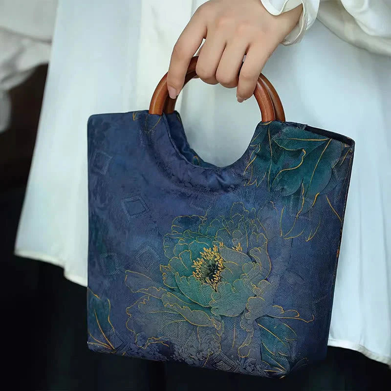 Solid Wood Handle Blue-Purple Peony Bag with Bamboo Bird Design - Image 7