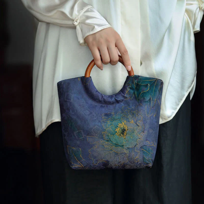 Solid Wood Handle Blue-Purple Peony Bag with Bamboo Bird Design - Image 8