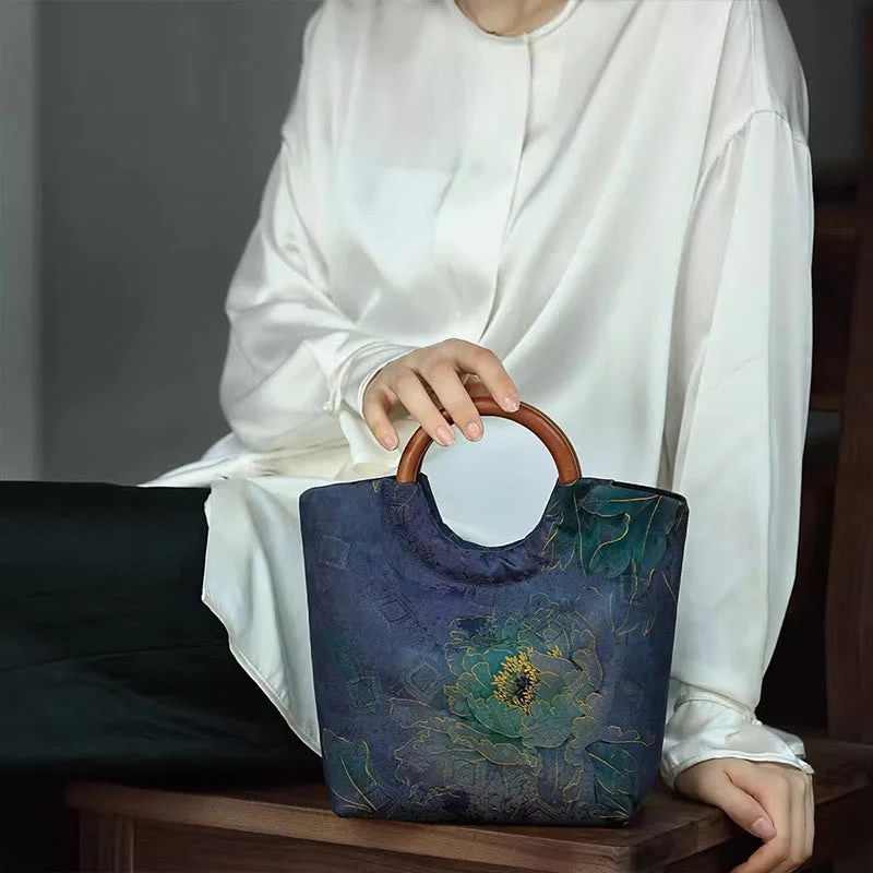 Solid Wood Handle Blue-Purple Peony Bag with Bamboo Bird Design - Image 9