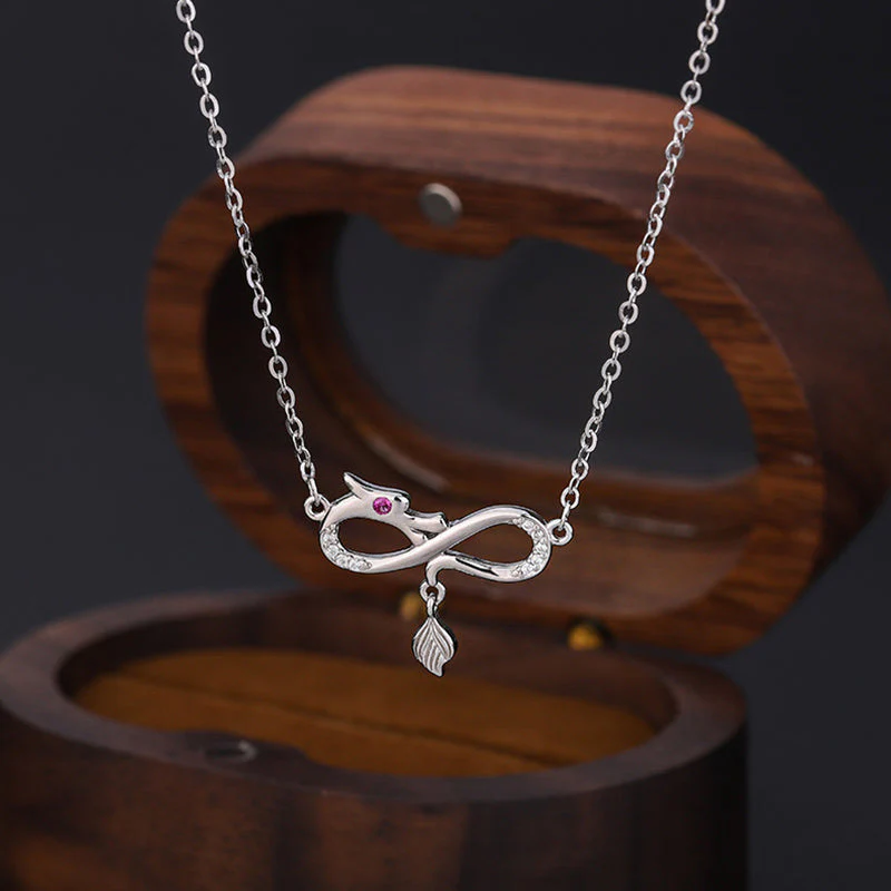 999 Sterling Silver Dragon Necklace with Endless Knot Charm