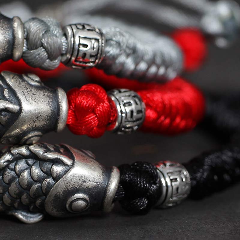 Sterling Silver Koi Fish Bracelet with Red Braided String - Image 8