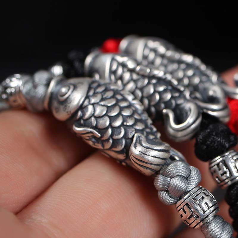 Sterling Silver Koi Fish Bracelet with Red Braided String - Image 9