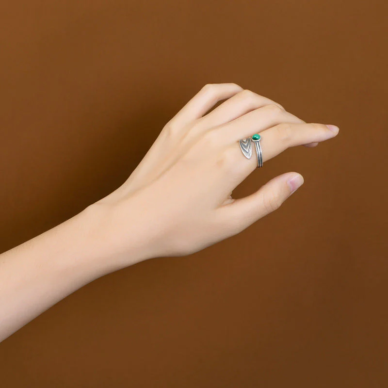 925 Sterling Silver Malachite Protection Ring with Feather Design - Image 3