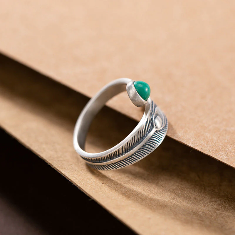 925 Sterling Silver Malachite Protection Ring with Feather Design - Image 4