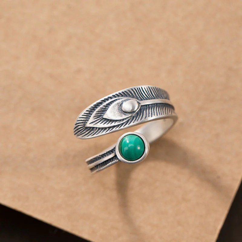 925 Sterling Silver Malachite Protection Ring with Feather Design - Image 5
