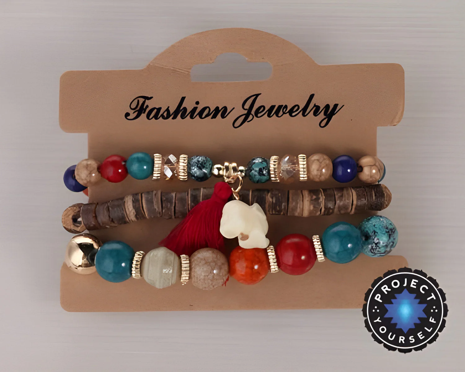 3-Piece Stone and Wood Beads Elephant Charm Boho Bracelet Set - Image 2