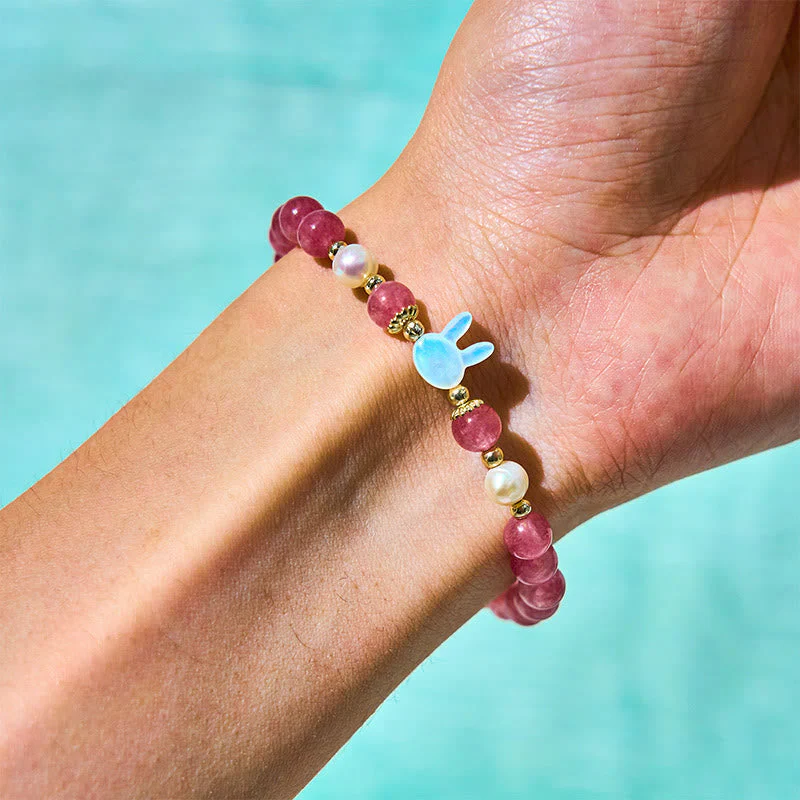 6mm Strawberry Quartz Bracelet with Pearl Cat or Rabbit Charm - Image 3