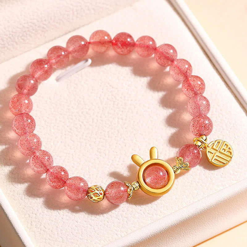8mm Strawberry Quartz Love Bracelet with Rabbit Fu Charm - Image 2