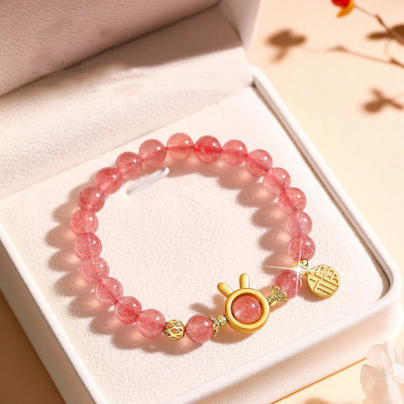 8mm Strawberry Quartz Love Bracelet with Rabbit Fu Charm - Image 3