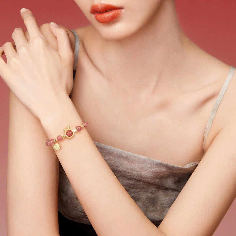 8mm Strawberry Quartz Love Bracelet with Rabbit Fu Charm - Image 4