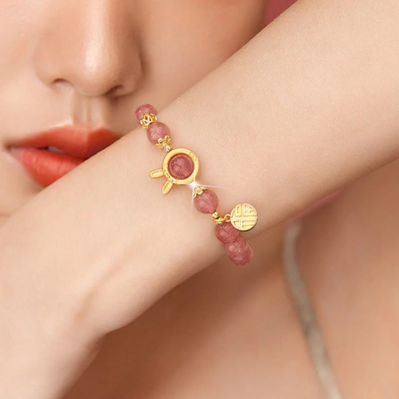 8mm Strawberry Quartz Love Bracelet with Rabbit Fu Charm - Image 5