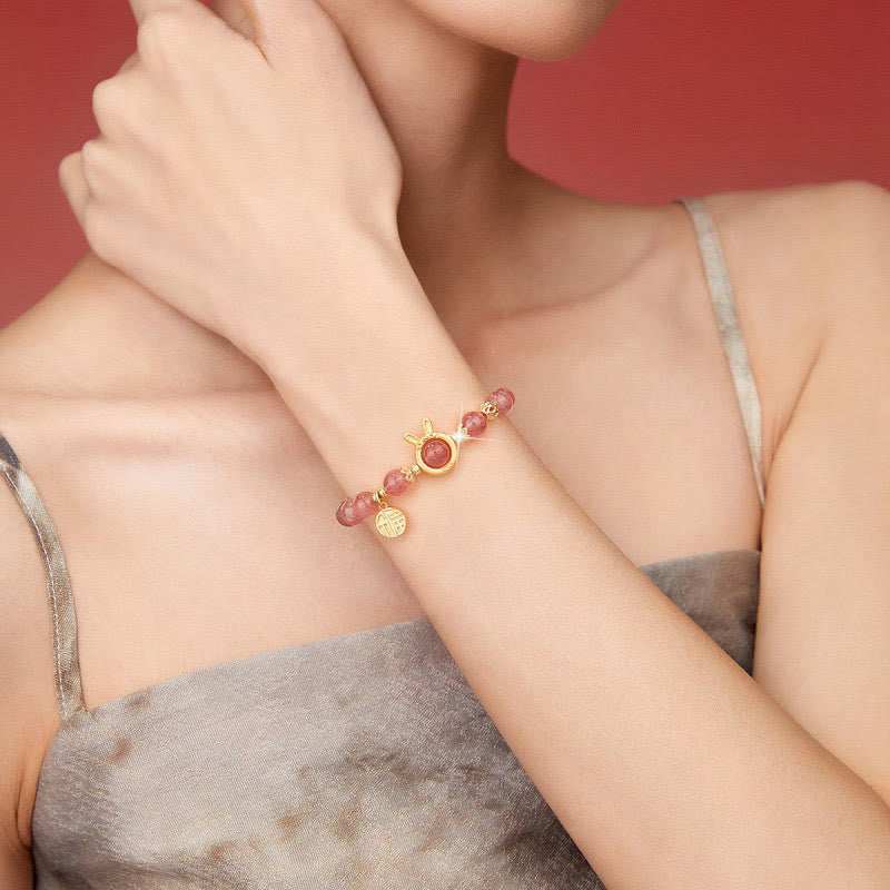 8mm Strawberry Quartz Love Bracelet with Rabbit Fu Charm - Image 6