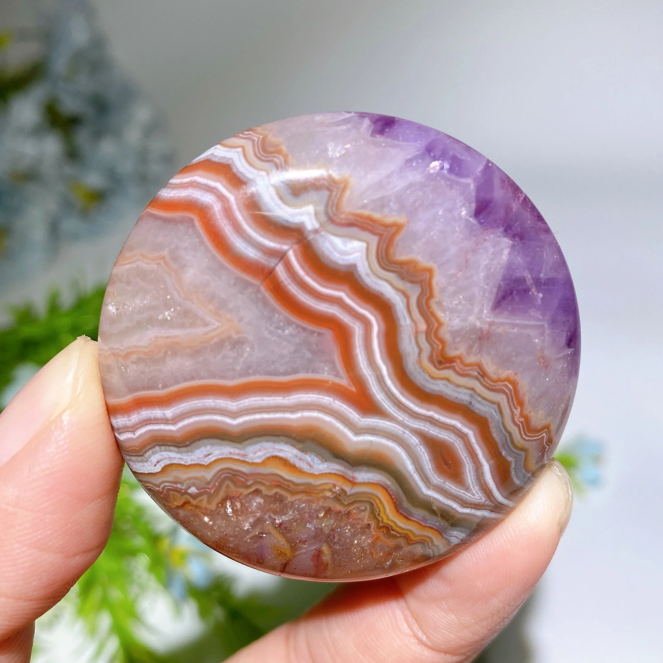 1.7-2.0 Inch Striped Agate and Amethyst Round Crystal Slab - Image 6