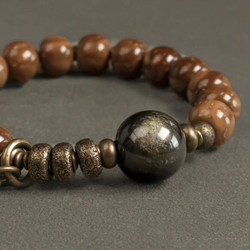 Tiger Eye & Gold Sheen Obsidian Kuka Seed Wealth Bracelet - Image 9