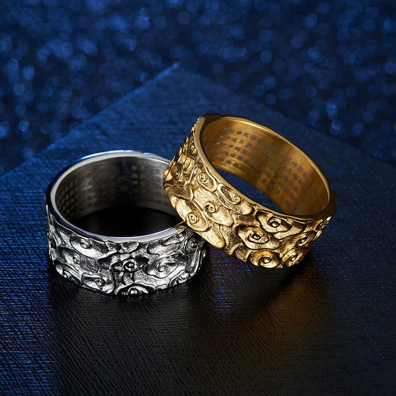 9mm Titanium Steel Spiritual Ring with Heart Sutra & Auspicious Clouds