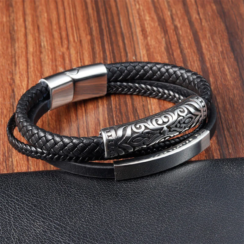 Double Layer Titanium Steel Leather Bracelet with Flower Pattern | Strength and Balance - Image 2