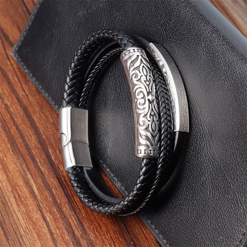 Double Layer Titanium Steel Leather Bracelet with Flower Pattern | Strength and Balance - Image 3