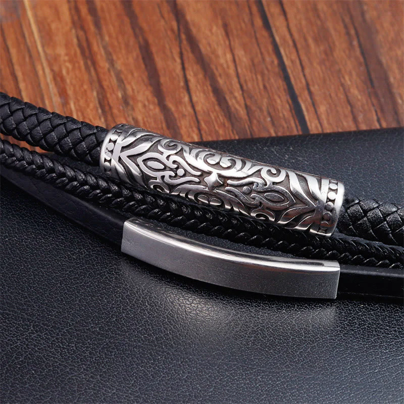 Double Layer Titanium Steel Leather Bracelet with Flower Pattern | Strength and Balance - Image 4