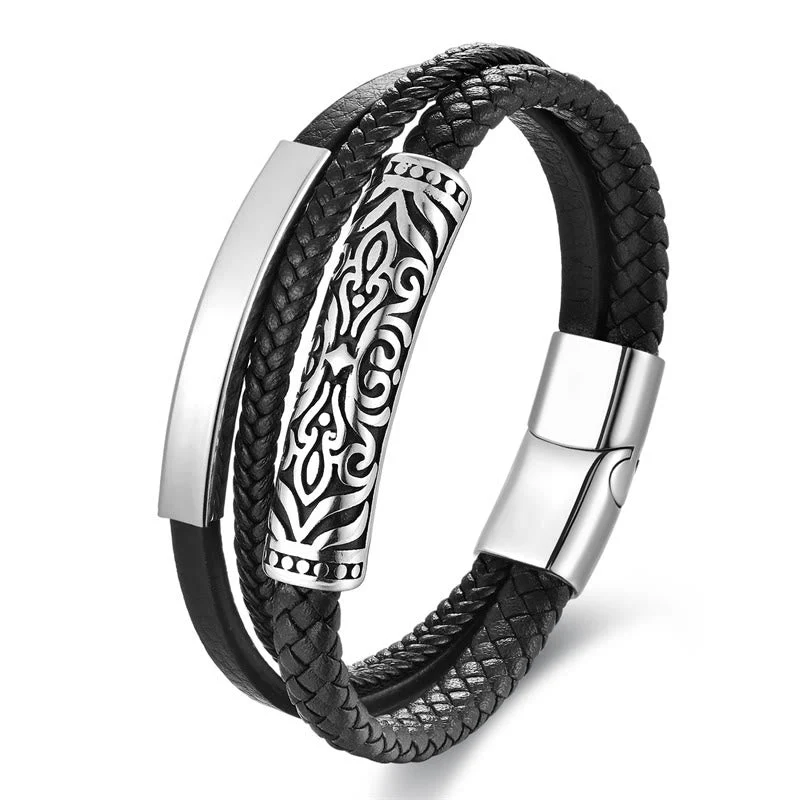 Double Layer Titanium Steel Leather Bracelet with Flower Pattern | Strength and Balance - Image 5