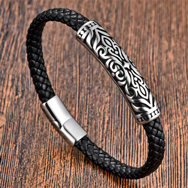 Double Layer Titanium Steel Leather Bracelet with Flower Pattern | Strength and Balance - Image 7