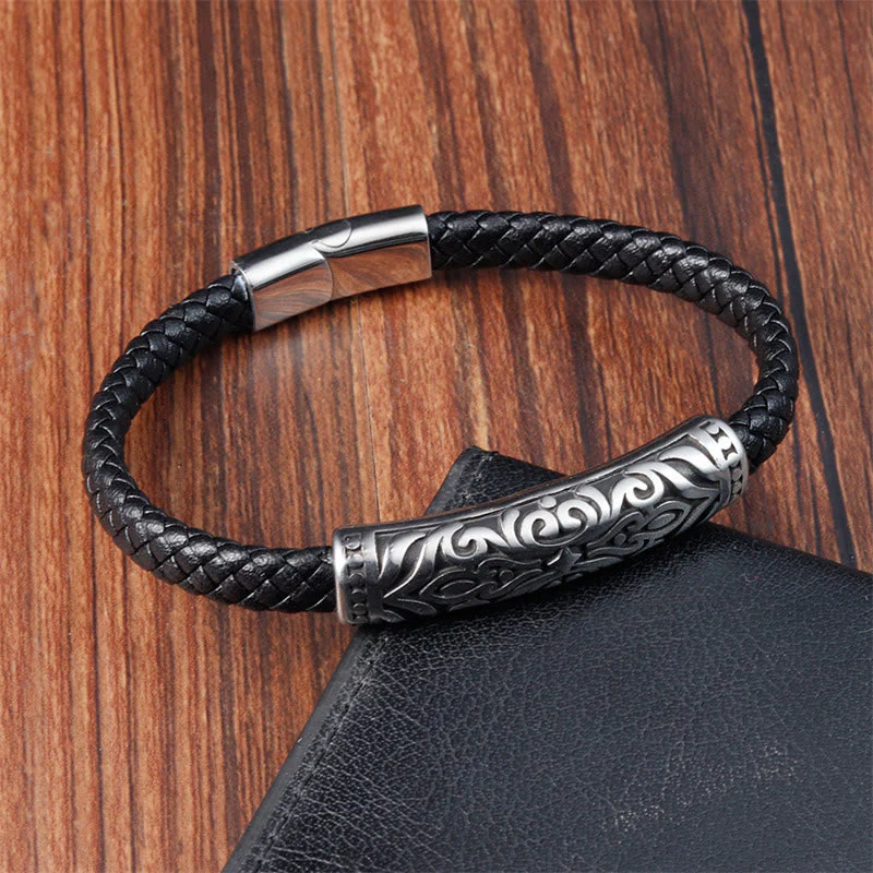 Double Layer Titanium Steel Leather Bracelet with Flower Pattern | Strength and Balance - Image 9