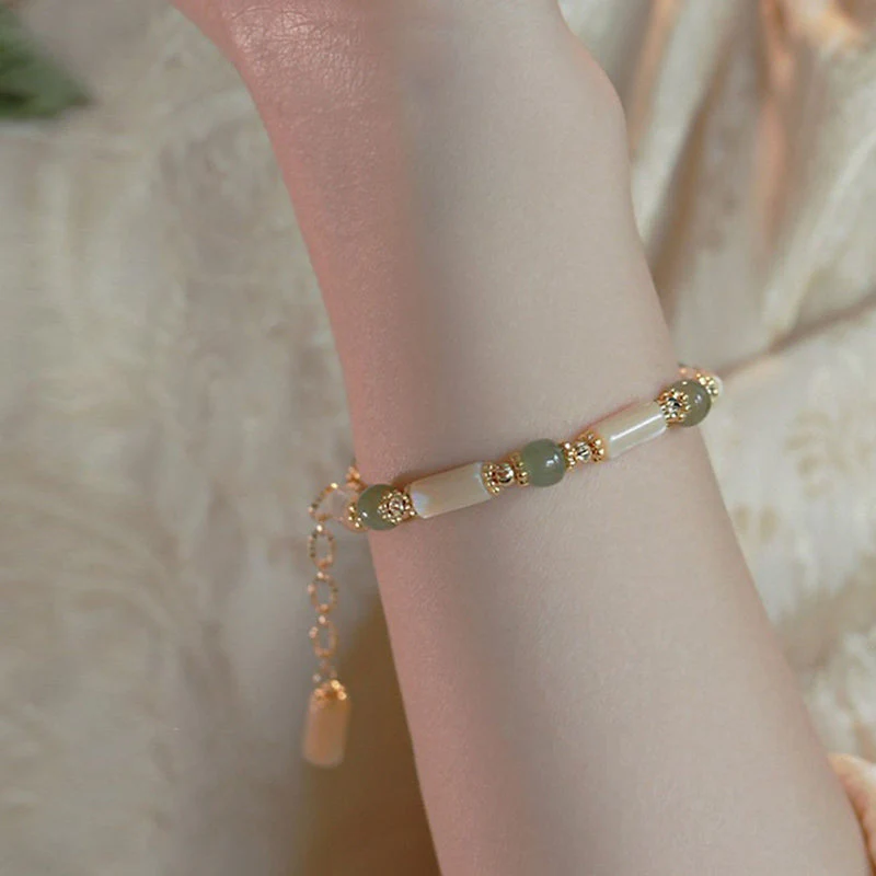 14k Gold Plated Tridacna Stone & Hetian Jade Bamboo Bracelet - Image 5