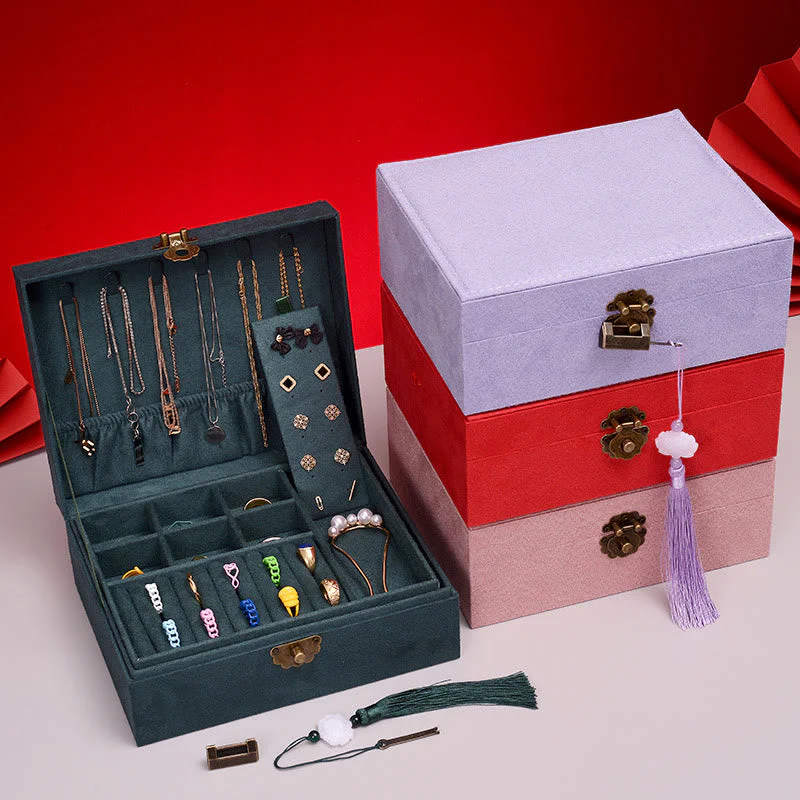 Two-Layer Flannel Jewelry Box with Lock for Zen Decor - Image 2