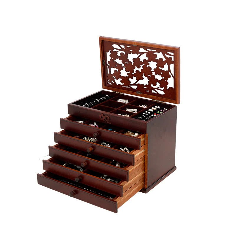 Six-Layer Wooden Jewelry Box with Vintage Plum Blossom Carvings - Image 11