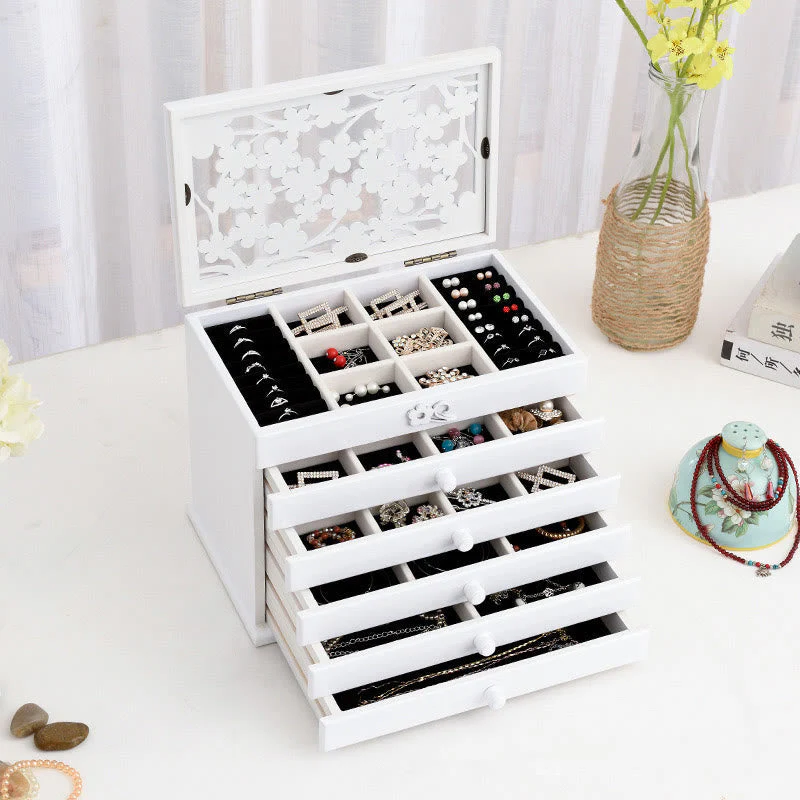 Six-Layer Wooden Jewelry Box with Vintage Plum Blossom Carvings - Image 12