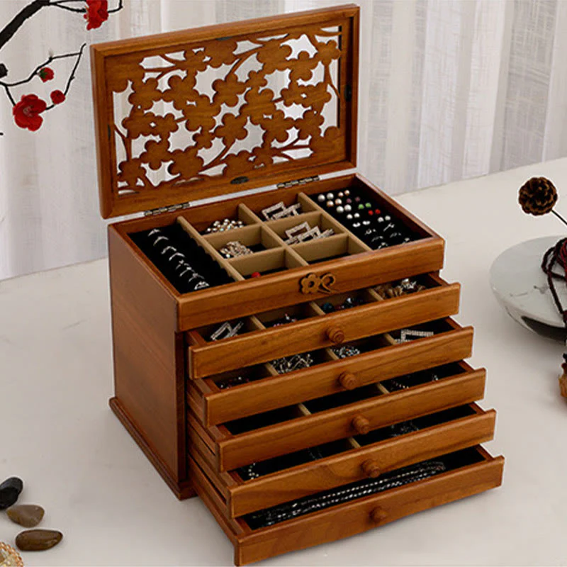 Six-Layer Wooden Jewelry Box with Vintage Plum Blossom Carvings - Image 14