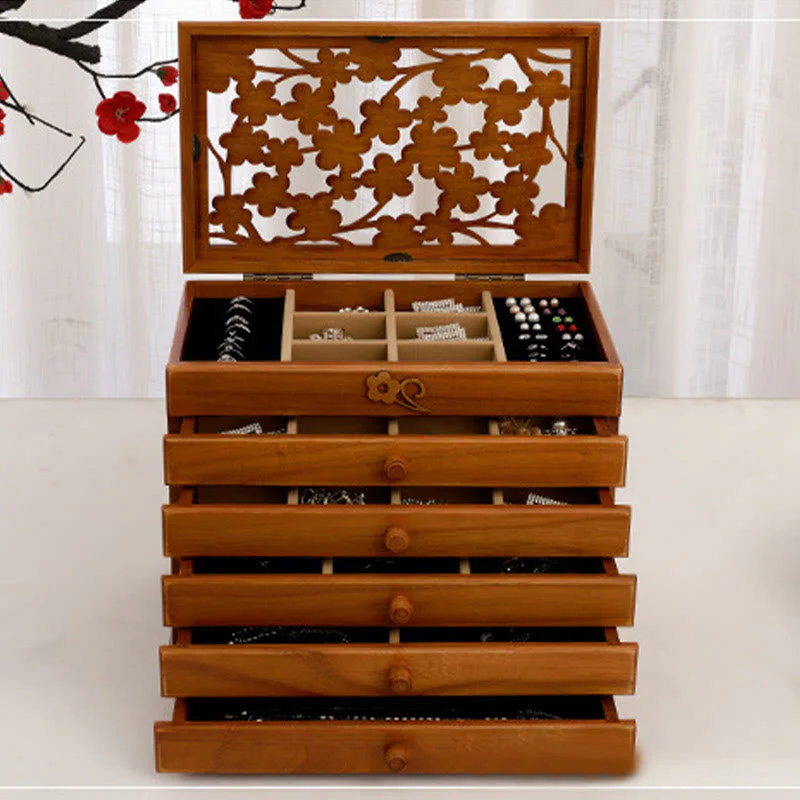 Six-Layer Wooden Jewelry Box with Vintage Plum Blossom Carvings - Image 15