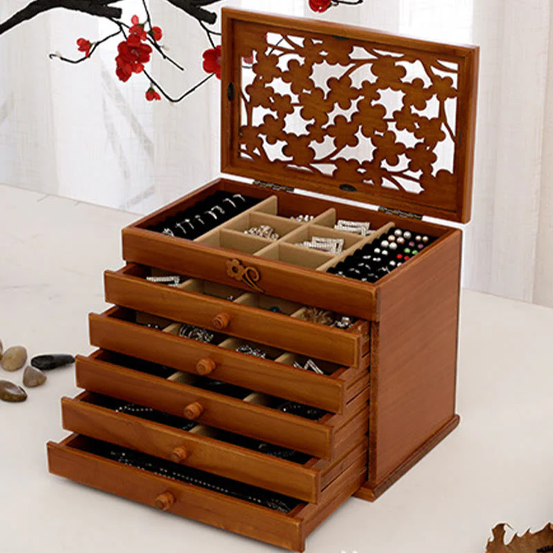 Six-Layer Wooden Jewelry Box with Vintage Plum Blossom Carvings - Image 16