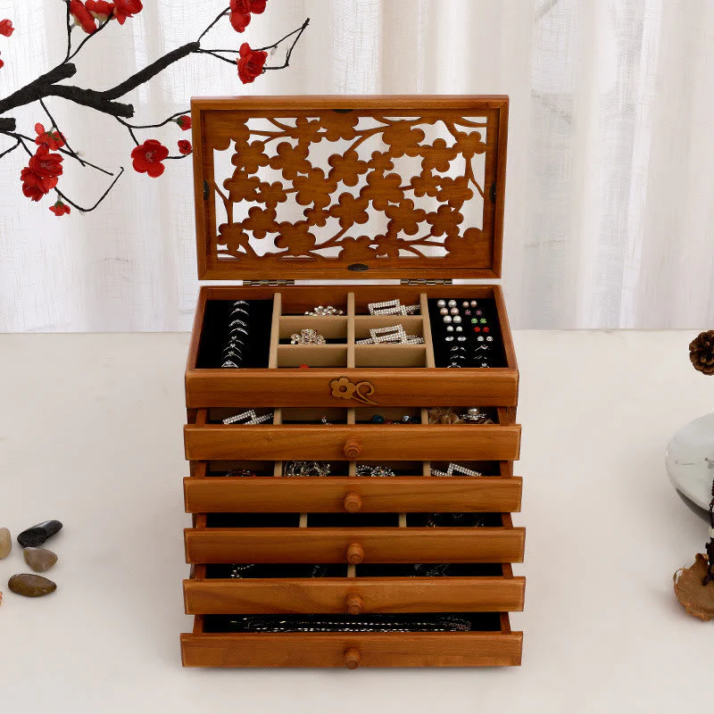 Six-Layer Wooden Jewelry Box with Vintage Plum Blossom Carvings - Image 17