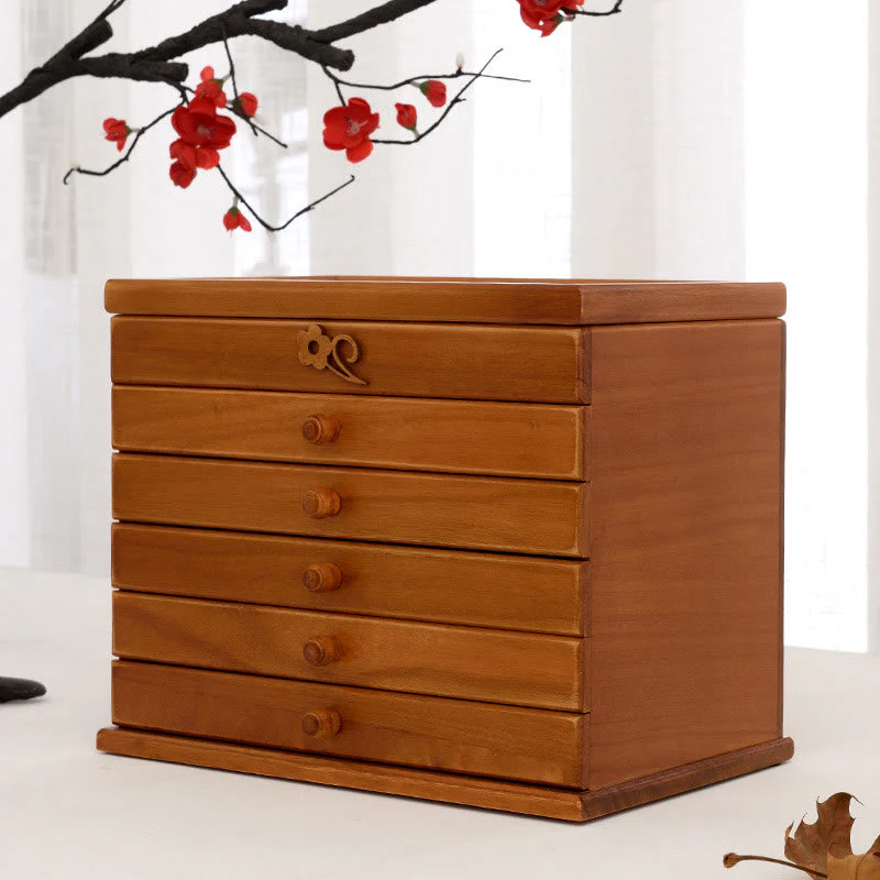 Six-Layer Wooden Jewelry Box with Vintage Plum Blossom Carvings - Image 18