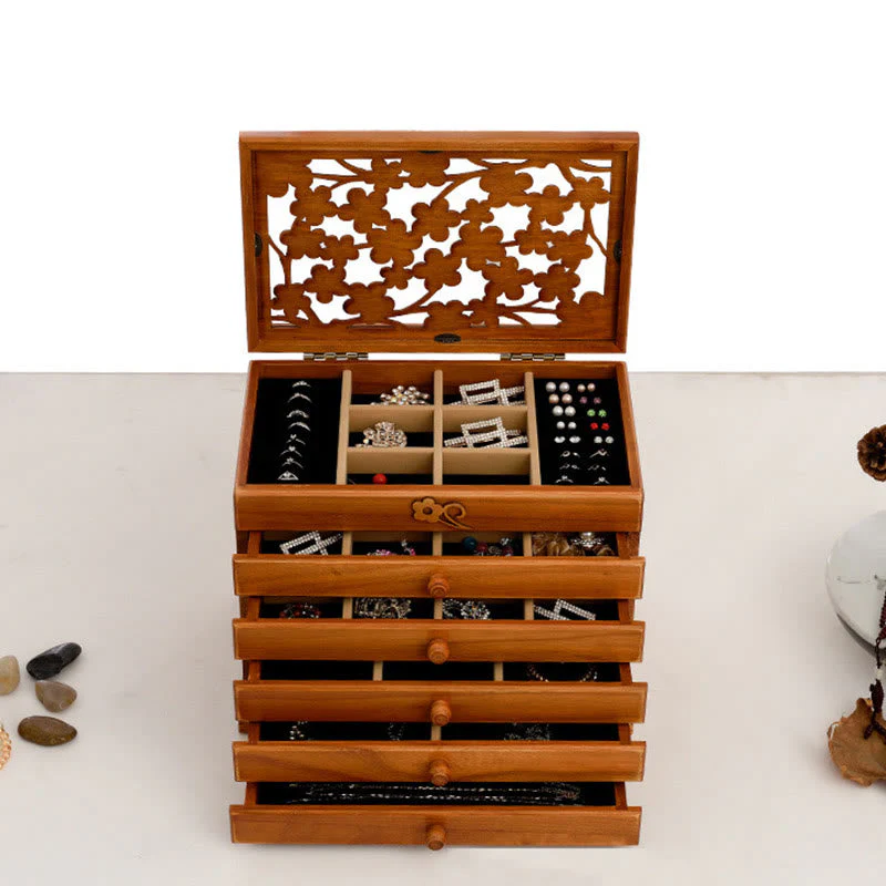 Six-Layer Wooden Jewelry Box with Vintage Plum Blossom Carvings - Image 19