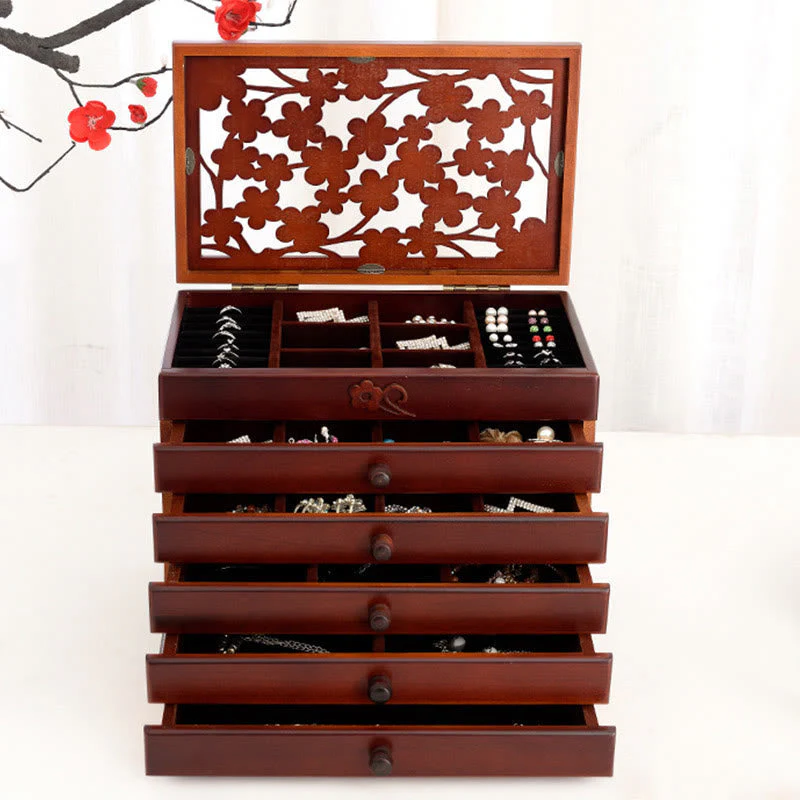 Six-Layer Wooden Jewelry Box with Vintage Plum Blossom Carvings - Image 2