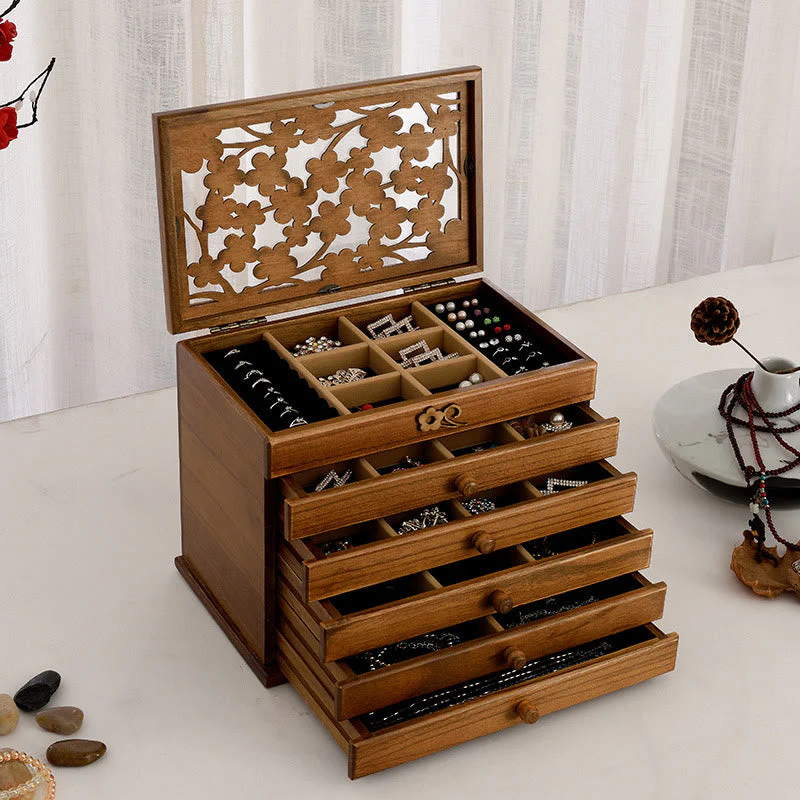 Six-Layer Wooden Jewelry Box with Vintage Plum Blossom Carvings - Image 20